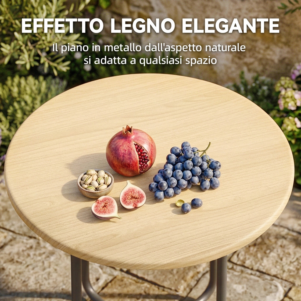 Tavolino da Giardino Rotondo in Metallo. per Balcone e Terrazzo. ?48x51 cm. Effetto Legno Naturale