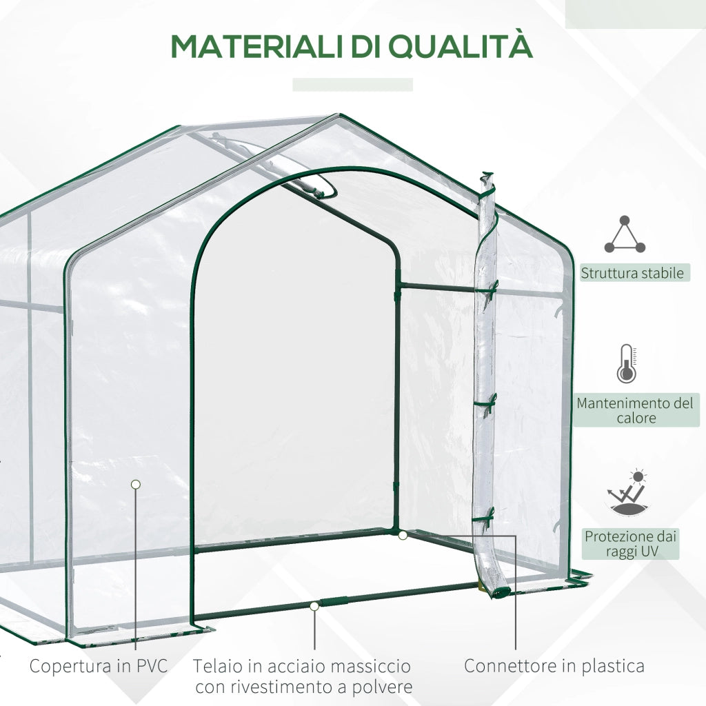 Serra da Esterno 180x100x152 cm con Ingresso a Zip e Presa d'Aria Superiore in Plastica e Acciaio Trasparente