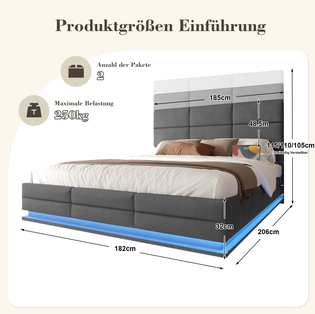 Letto 180x200 cm con contenitore; LED e USB in velluto grigio scuro