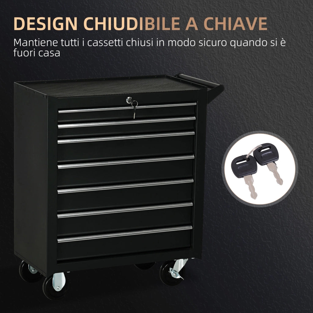 Carrello Porta Utensili da Officina con 7 Cassetti Serratura con Chiavi 69x33x75 cm Nero