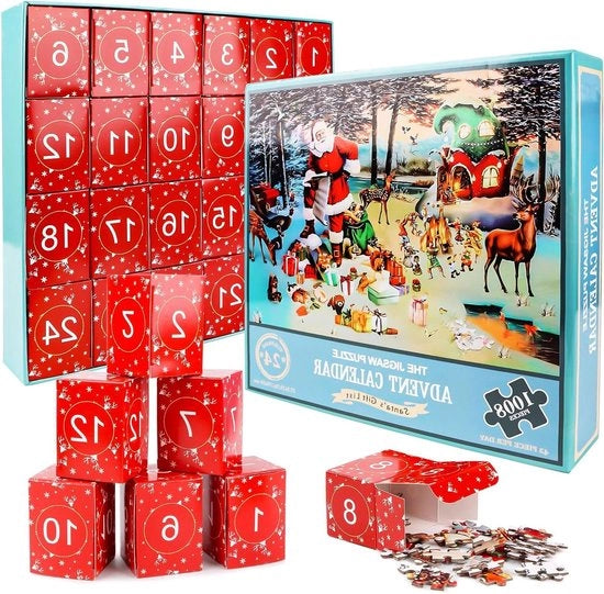 Adventskalender 2024 con Puzzello di Natale - Babbo Natale Prepara Regali - 1008 Pezzi - Natale Contare Giorni - Adulti e Bambini - Blu - Decorazione di Interno