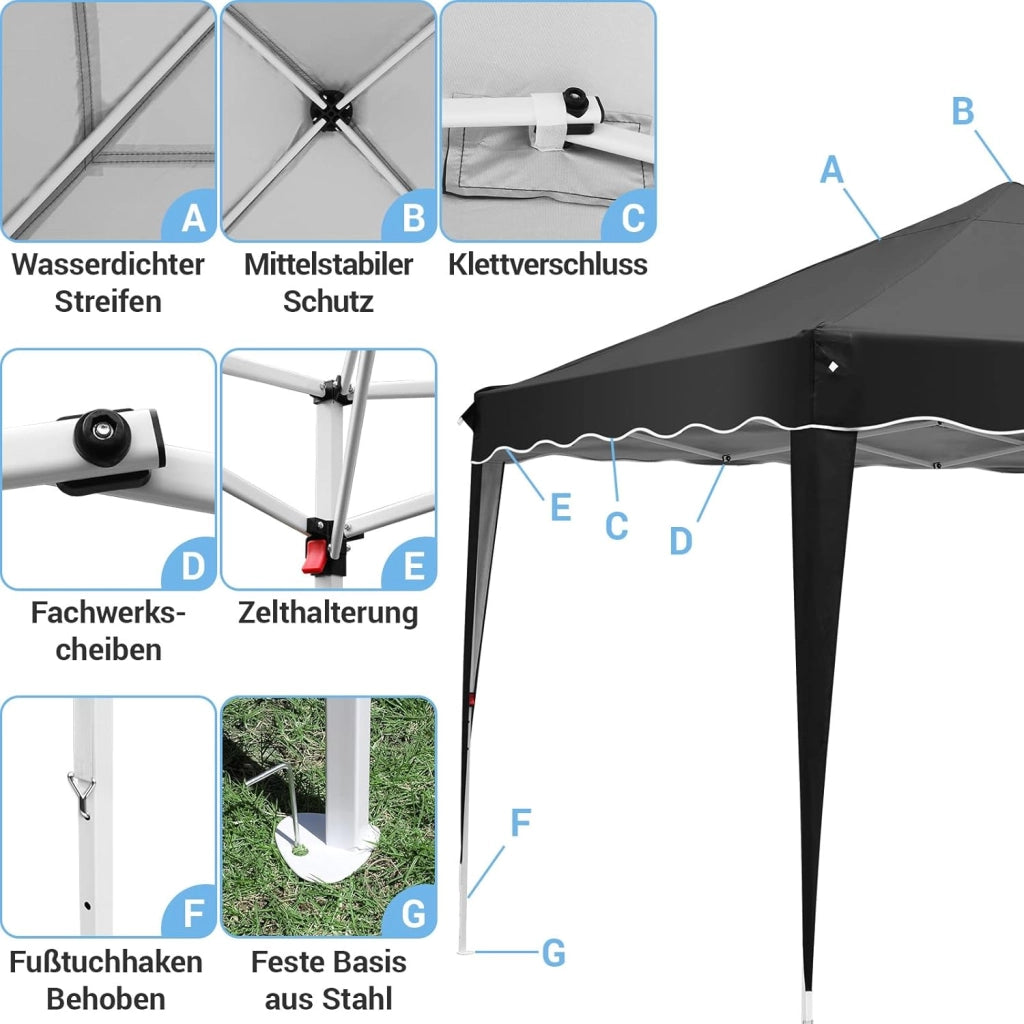 Gazebo Pieghevole 3x3 Impermeabile con 4 PCS Sacchi di Sabbia, UV 50+ 4 Pareti Laterali, Tenda da Campeggio, Giardino, Festival e Feste Nero