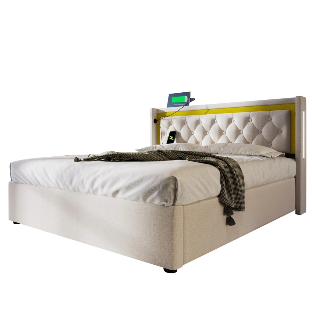 Letto matrimoniale con LED, contenitore e porte USB Type-C