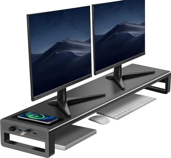 Stand Riser per Doppio Monitor con Ricarica Senza Fili e 4 Port USB Hub - Monitor Stand per 2 Monitores - Supporta fino a 32 Pollici - Nero