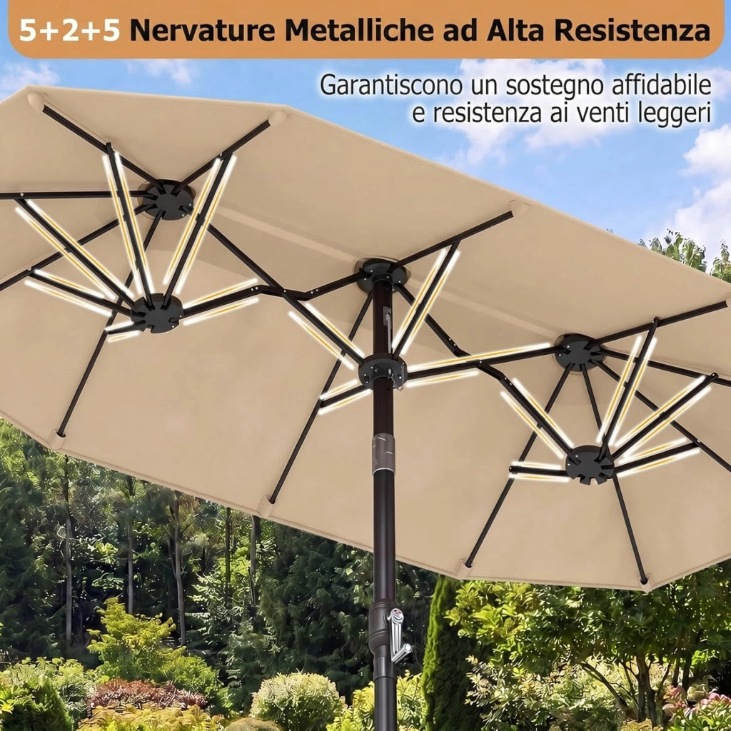 Ombrellone da Giardino Doppio 285 cm, in Tessuto con 12 Stecche Resistenti e Maniglia a Manovella Scorrevole, Anti-UV, senza Base, per Giardino e Piscina, 285 x 147 x 220 cm