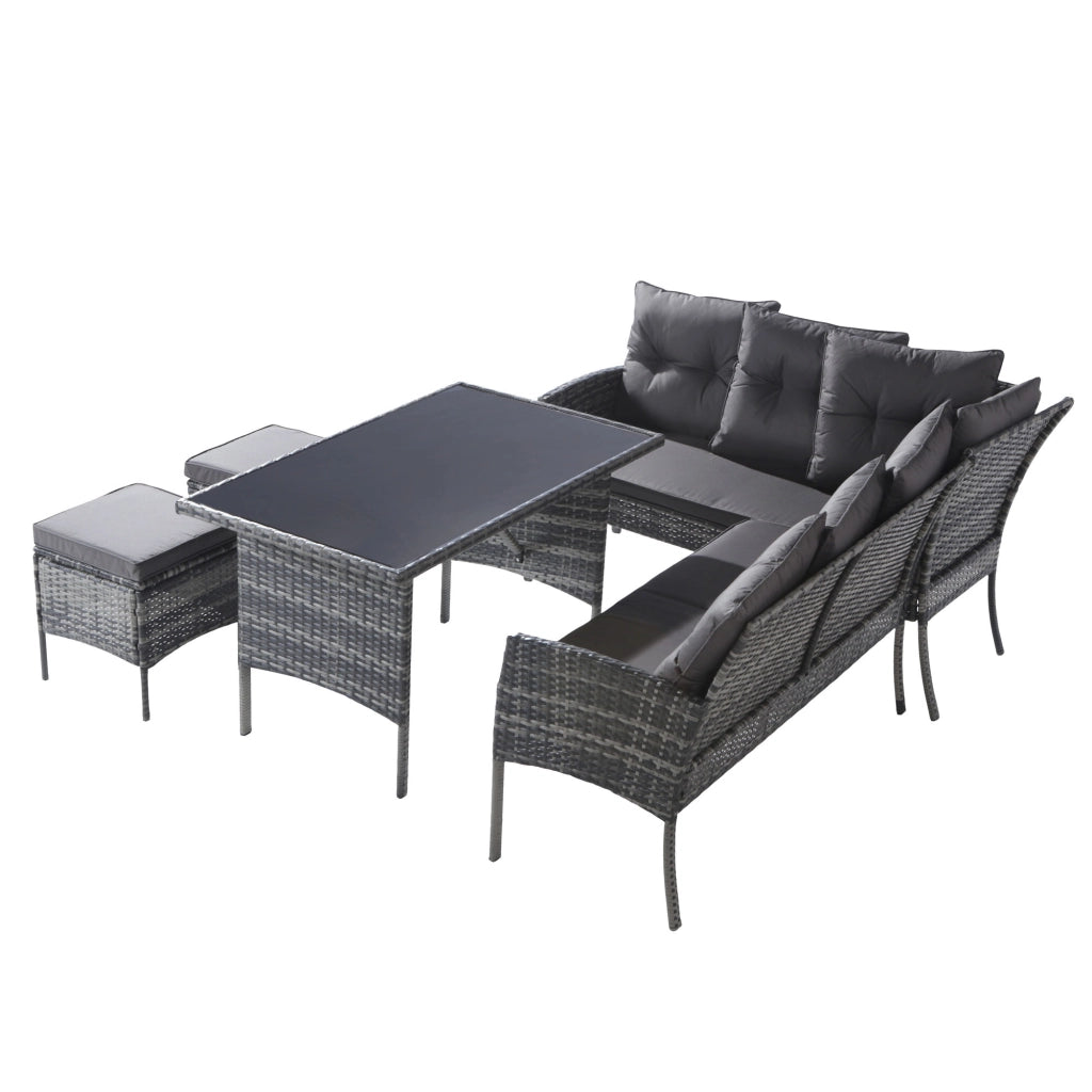 Set salotto polyrattan 7 persone: Divanooo + tavolo + sgabello + cuscini; tessuto sfoderabile lavabile; grigio
