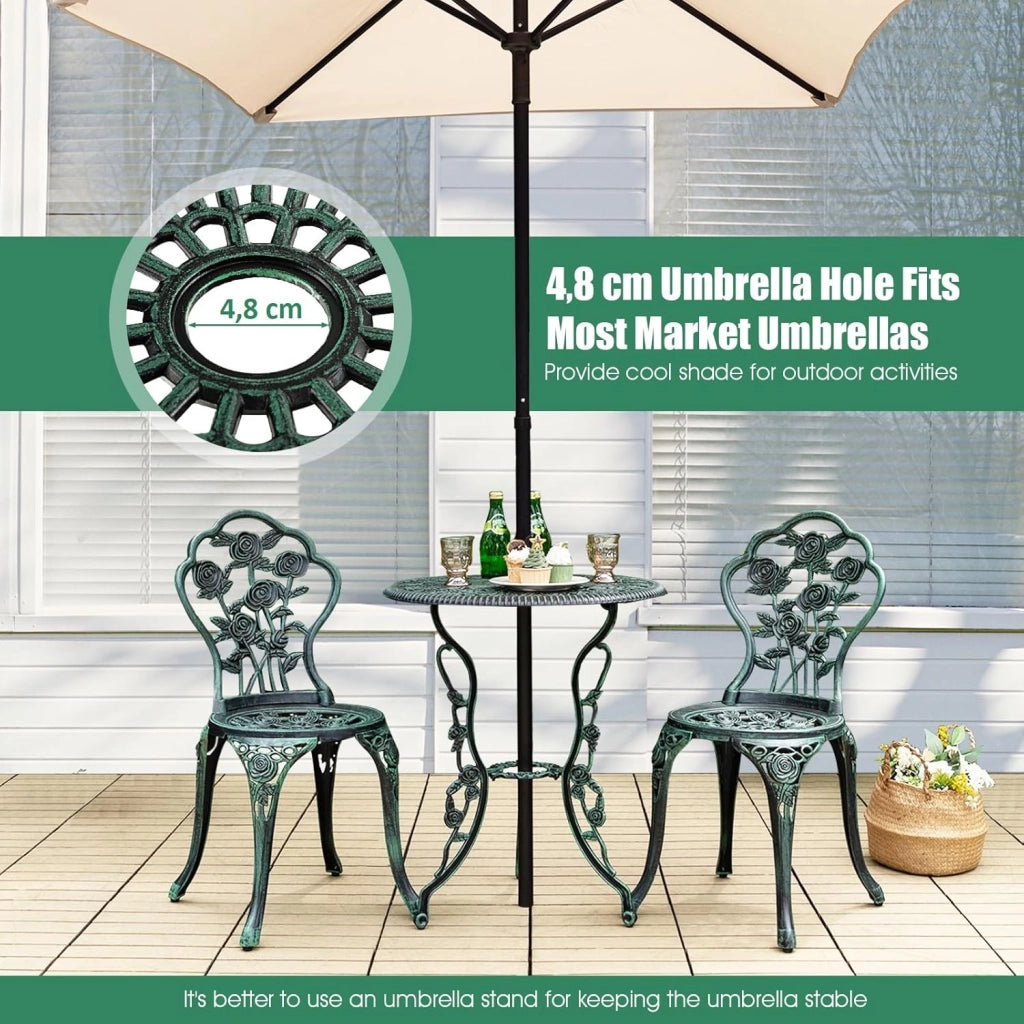 Set Tavolo da Bistrot in Fusione di Alluminio Set da 3 Pezzi Tavolino con 2 Sedie per Giardino Balcone Bordo Piscina, Colore Verde Bronzo/Bianco (Verde Bronzo)