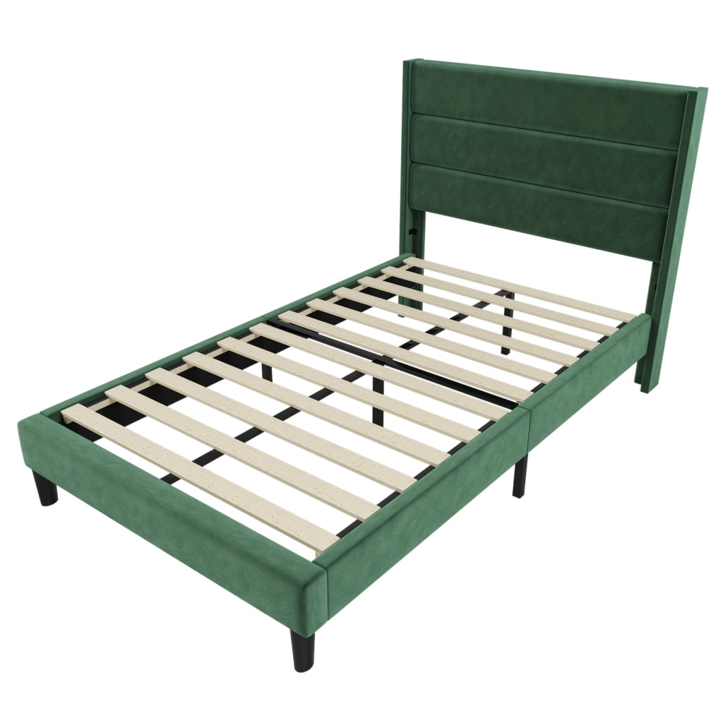 Letto imbottito 90x200 cm con rete a doghe, testiera e rivestimento in velluto verde scuro