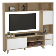 Mobile porta TV Calabria, Credenza da soggiorno, Armadio basso per TV, Base parete attrezzata, 209x48 h183 cm, Rovere e Bianco lucido