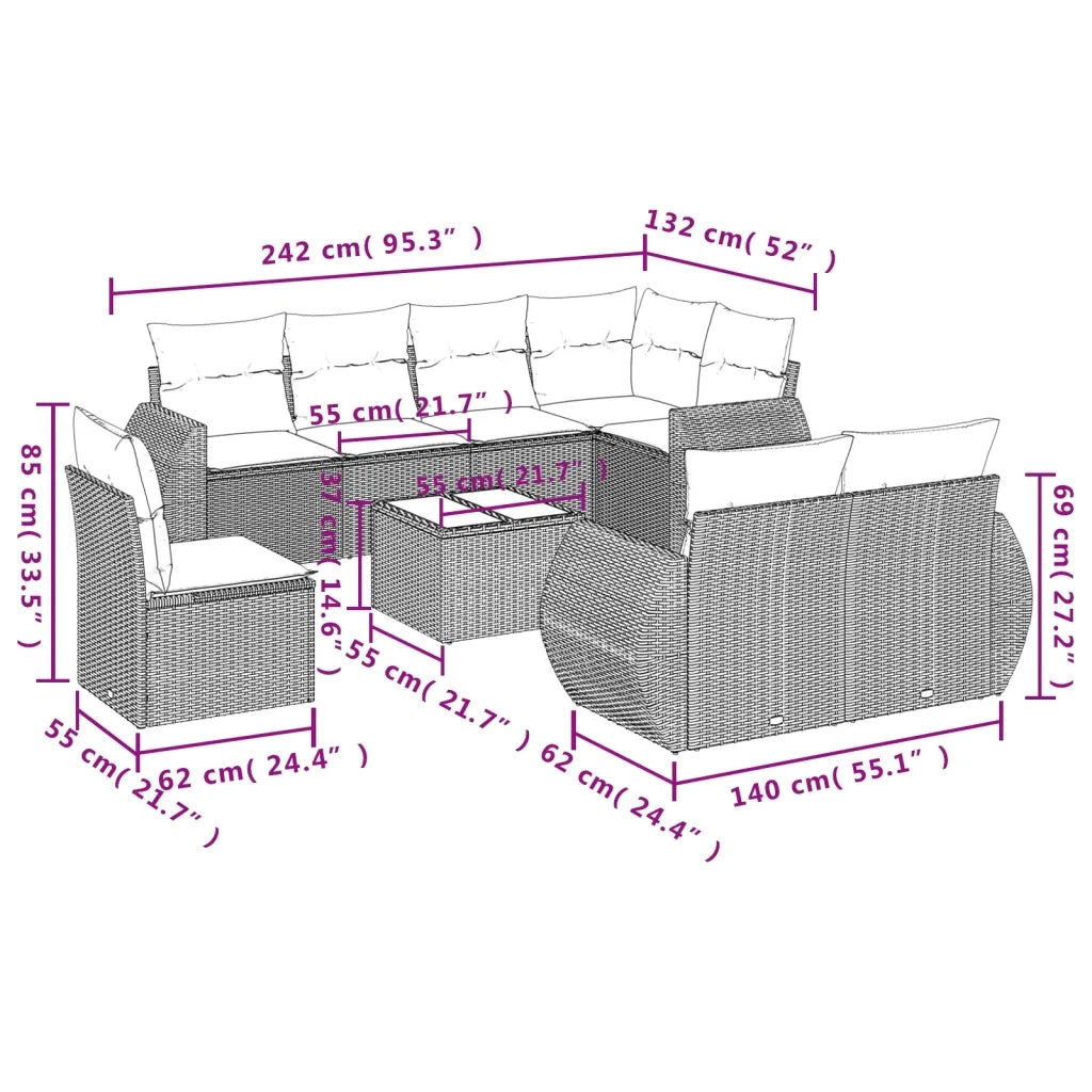 Set Divano da Giardino 9pz con Cuscini Grigio Chiaro Polyrattan