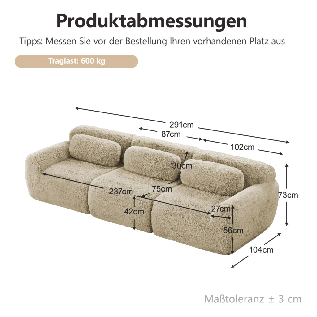 Divano modulare angolare 291x104x73 cm in tessuto peluche; base antiscivolo; cachi chiaro