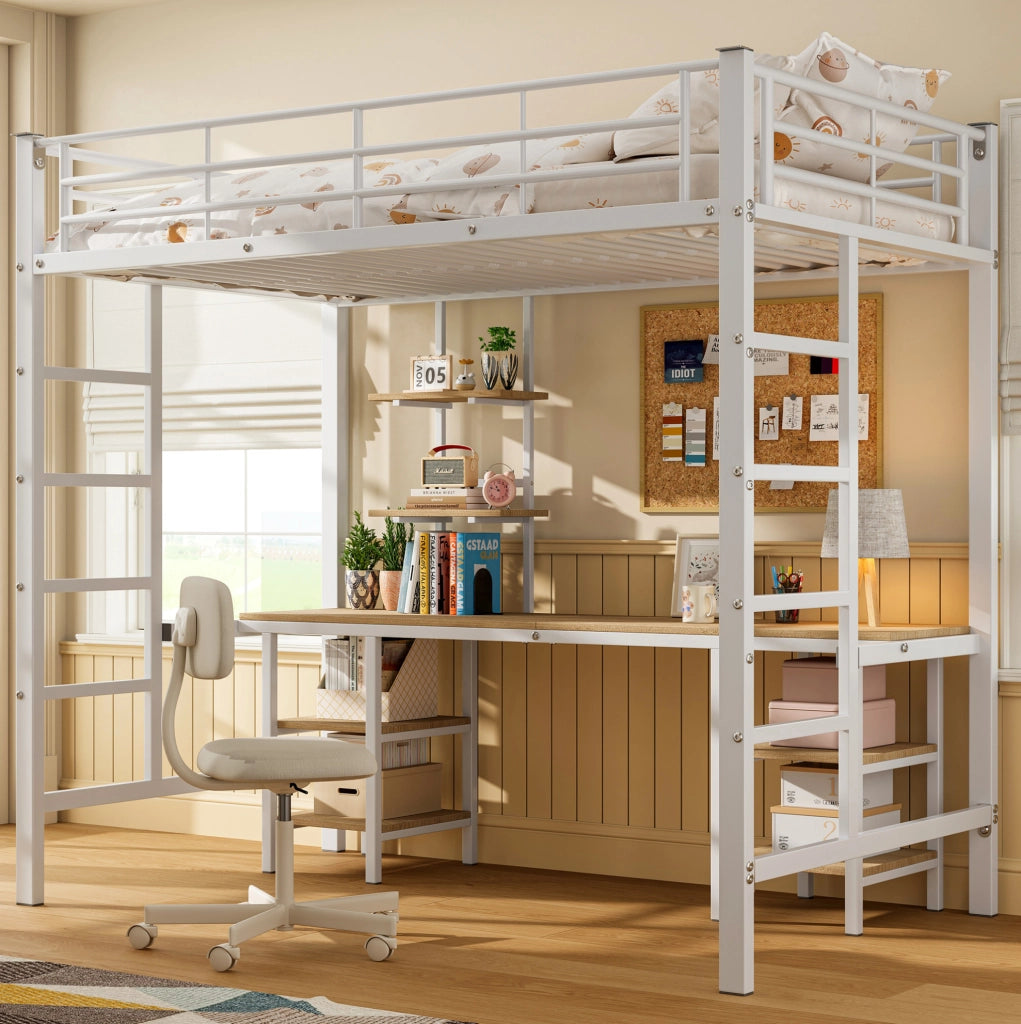 Letto a soppalco 90x200 cm con scrivania e ripiani bianco