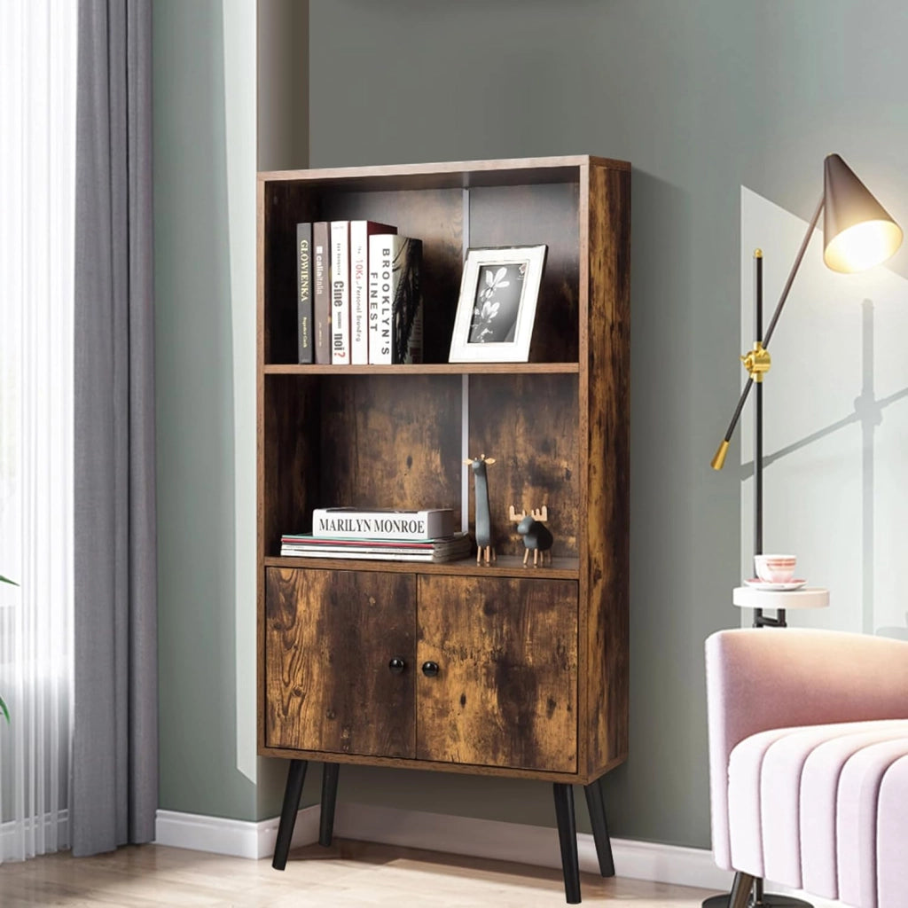 Libreria in Stile Retrò, Scaffale Portaoggetti a 2 Ripiani con Armadio, per Salotto Studio Ufficio, Marrone Vintage, 120x60x30 cm