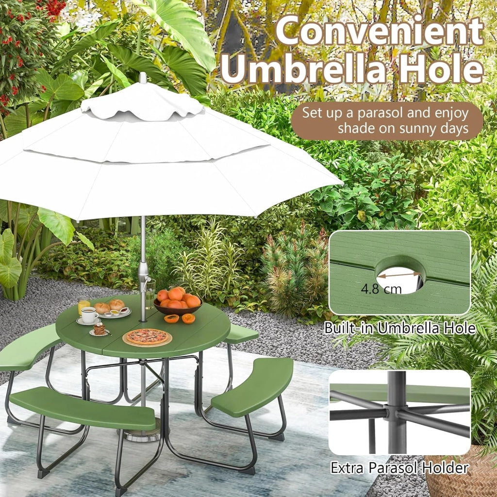 Set da giardino da picnic per 8 persone, tavolo da giardino rotondo con 4 panche, tavolo da birra con foro per ombrellone, set da giardino in HDPE, set per panca da birra (verde)