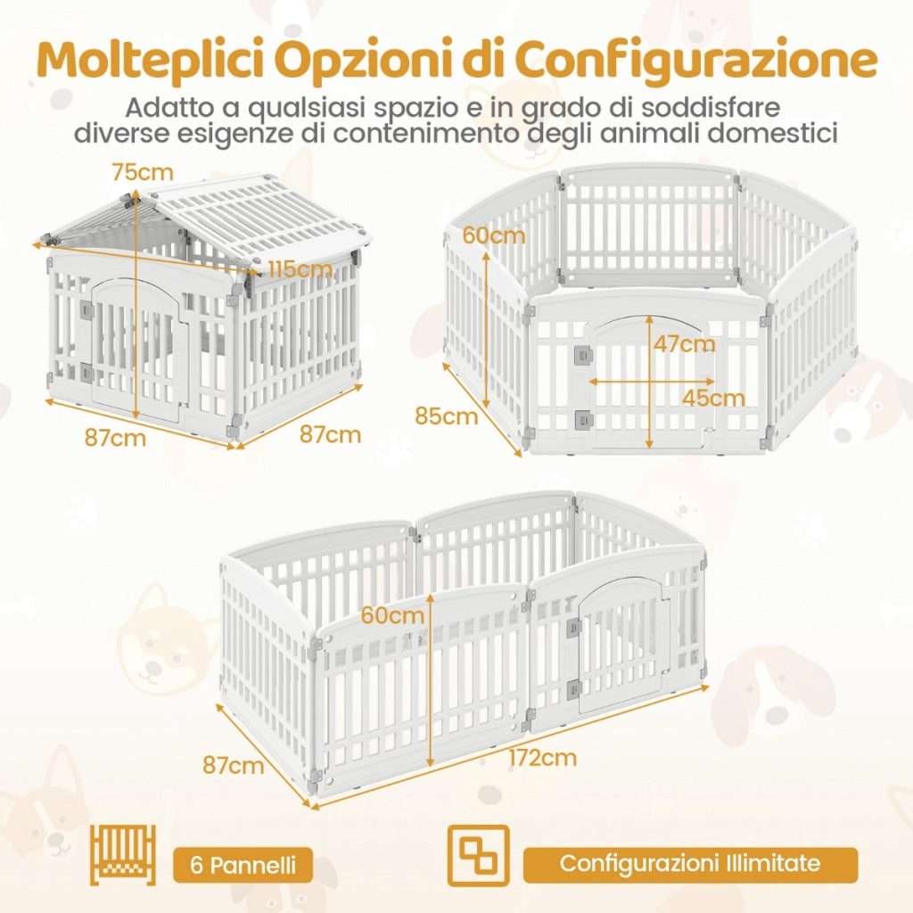 Recinto per cani in plastica con cancello pieghevole a 6 pannelli 60 cm, Casa per cani medi e piccoli Bianco