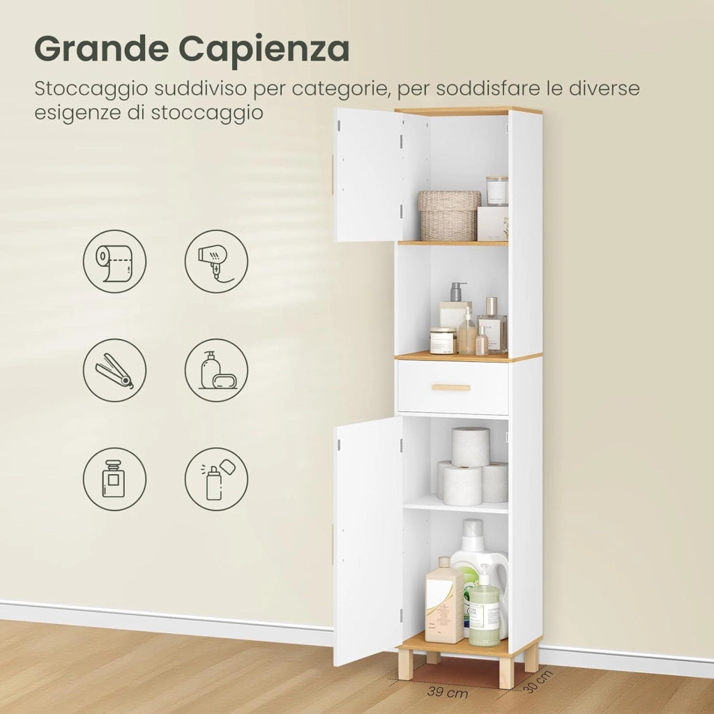 Mobile da Bagno Alto e Stretto, Armadio a Colonna da Bagno Salvaspazio in Legno MDF Mobiletto, Mobile Multiuso con 2 Ante, 1 Cassetto e 1 Vano Aperto, Bianco, 40x30x180cm