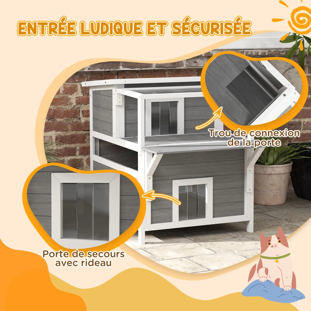 Casetta per Gatti 2 Livelli con Balcone e Tetto Aprile ¨C Zephmum ¨C Grigio Chiaro