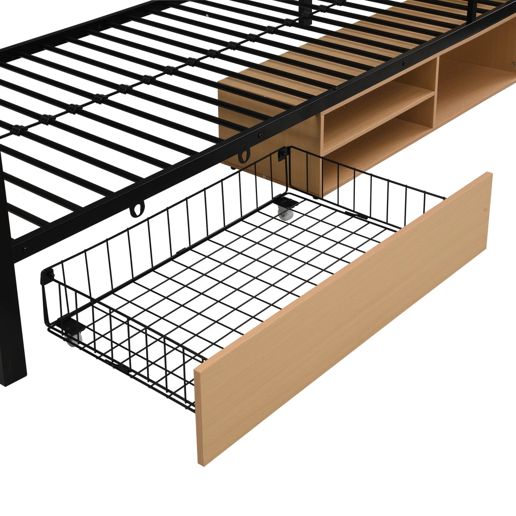 OKWISH Letto a castello 90×200 cm, Letto Singolo con 2 Ripiani Laterali, 2 Cassetti e Vano Contenitore, senza Materasso, MDF e Metallo, Nero e Naturale