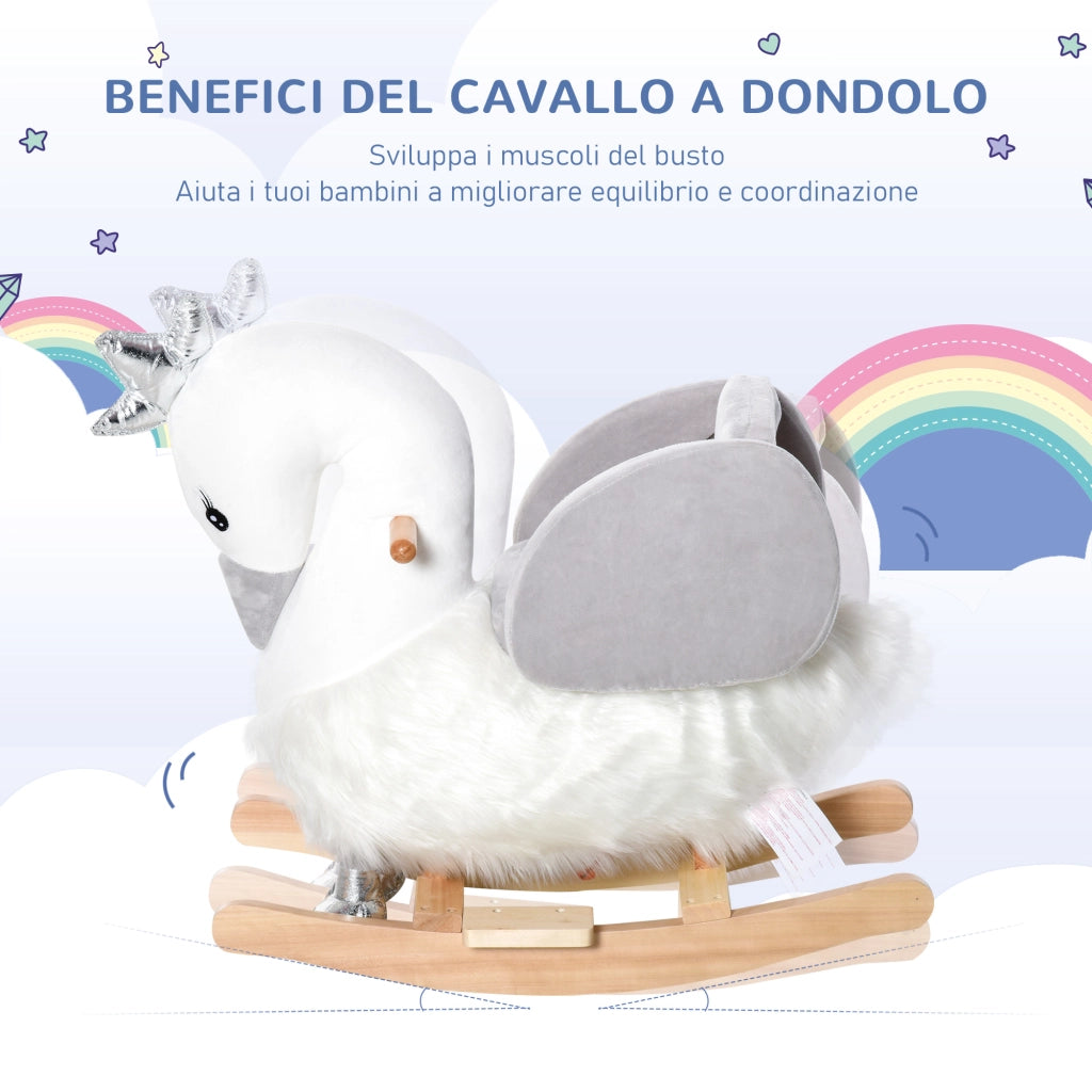EasyComfort Cavallo a Dondolo per Bambini a Forma di Cigno, Dondolo Giocattolo Cavalcabile per Bambini 18-36 Mesi (Max 40kg), in Legno di Pioppo e Peluche, Bianco e Grigio