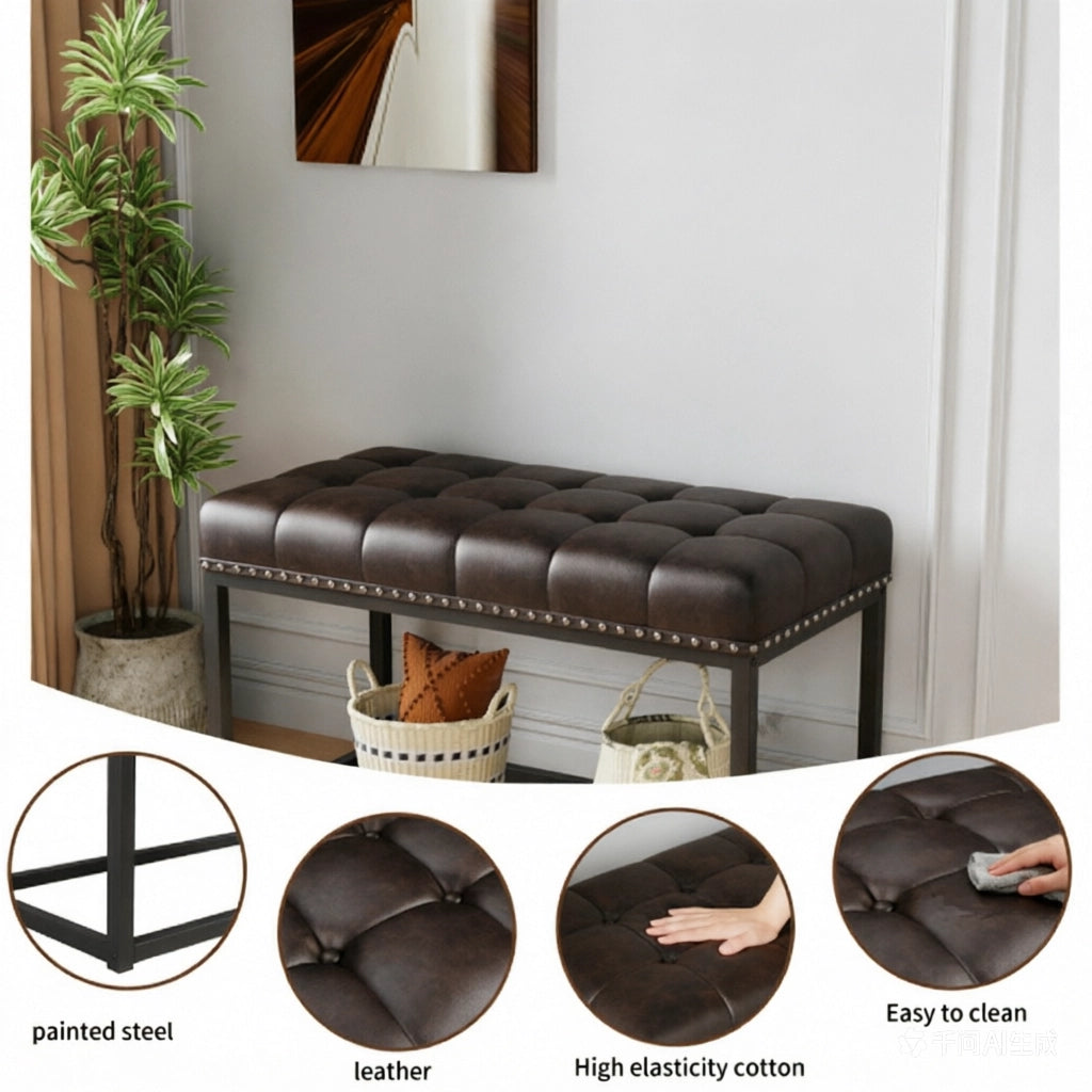 Panca Imbottita Vintage ¨C MINIMAL ¨C Similpelle Marrone, Struttura Metallo, 90x36