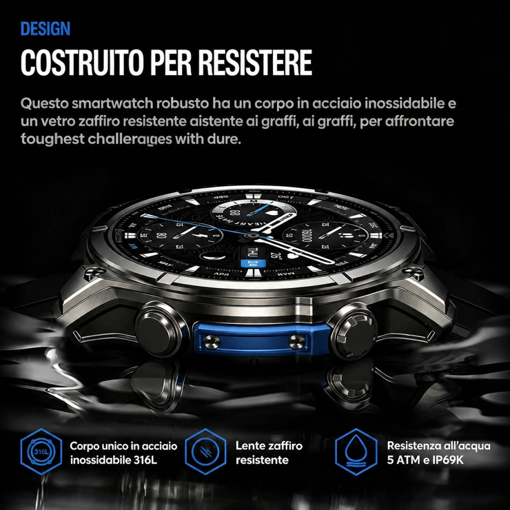 Smartwatch Orologio Intelligente con schermo AMOLED da 1;43 pollici; impermeabile 5ATM IP69K; monitoraggio della frequenza cardiaca; SpO2; sonno e attività sportiva