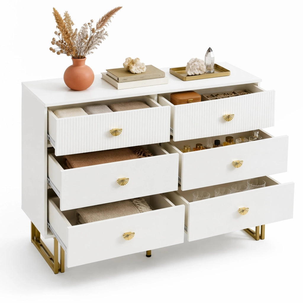 Set sideboard con 6 cassetti e specchio da parete 80x80 cm in MDF bianco con dettagli oro