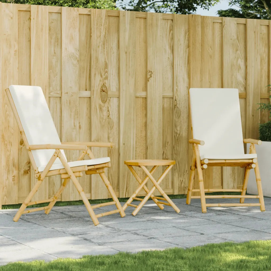 Set da Bistrot Pieghevole 3 pz | Set Salotto da Giardino Cuscini Bianco Crema in Bamb¨´