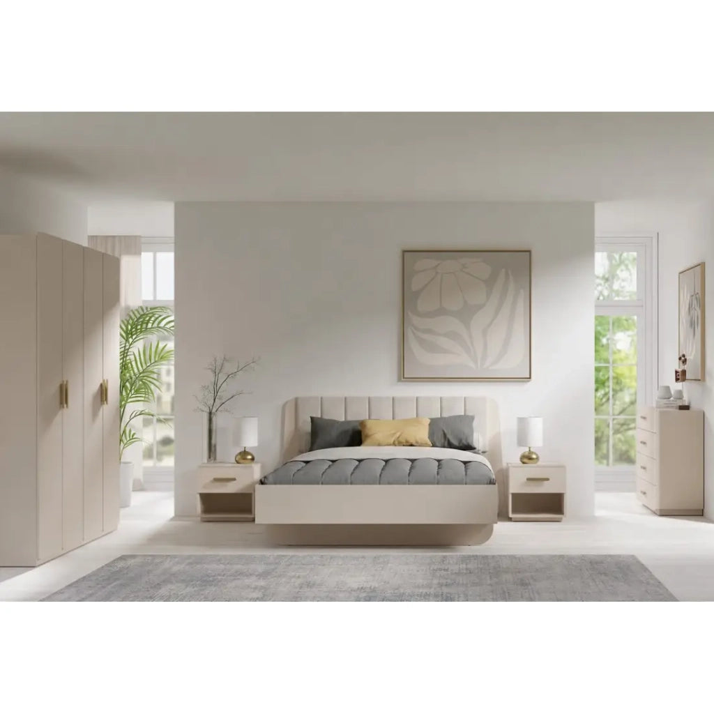Camera completa AMALIE beige – Letto contenitore 180x200 cm, armadio, cassettiera, 2 comodini e scaffali
