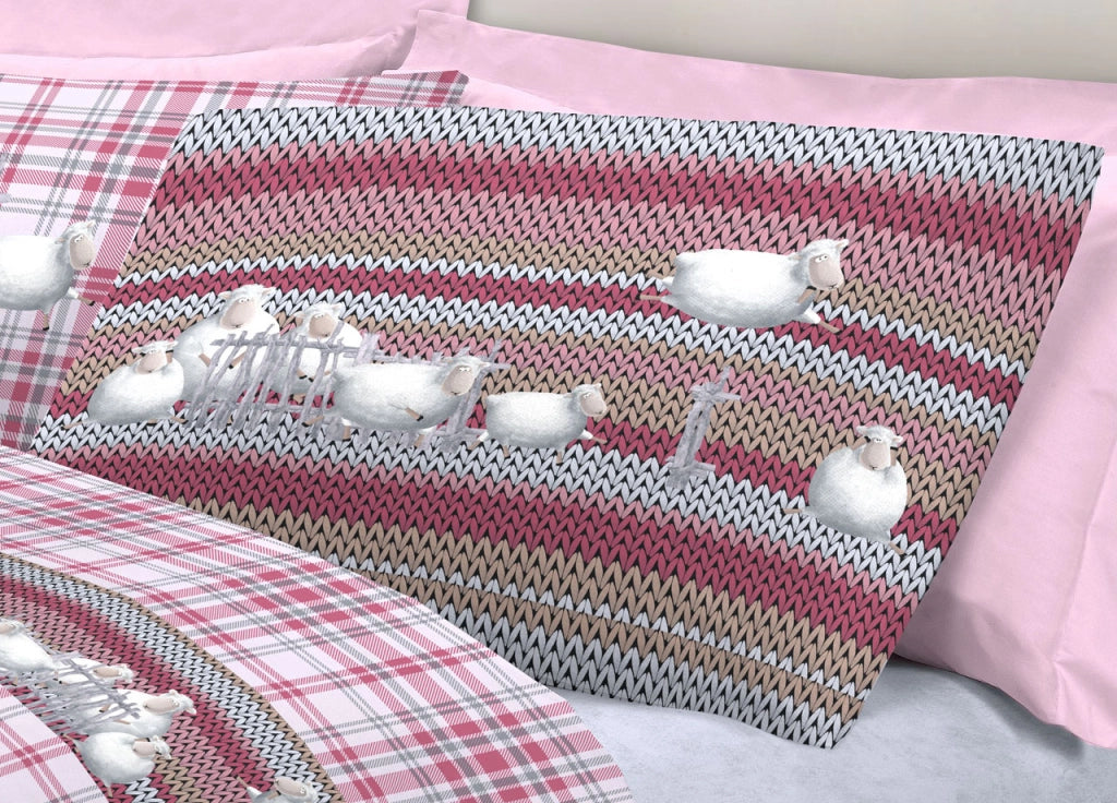 Completo Lenzuola Linea Pensieri Delicati 100% Cotone Disegno Pecorelle - Singolo - Rosa