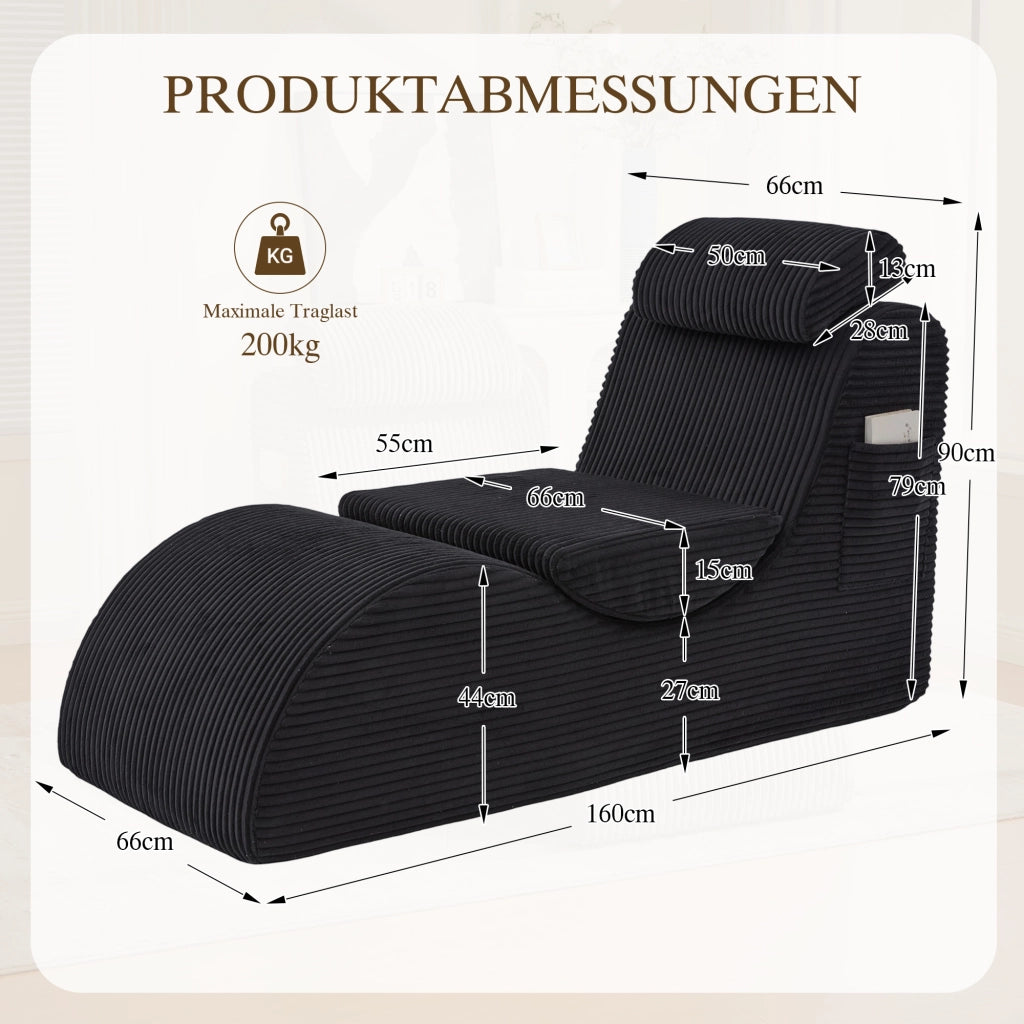 Poltrona Ergonomica con Tasca Laterale e Cuscino Rimovibile in velluto a coste Nero