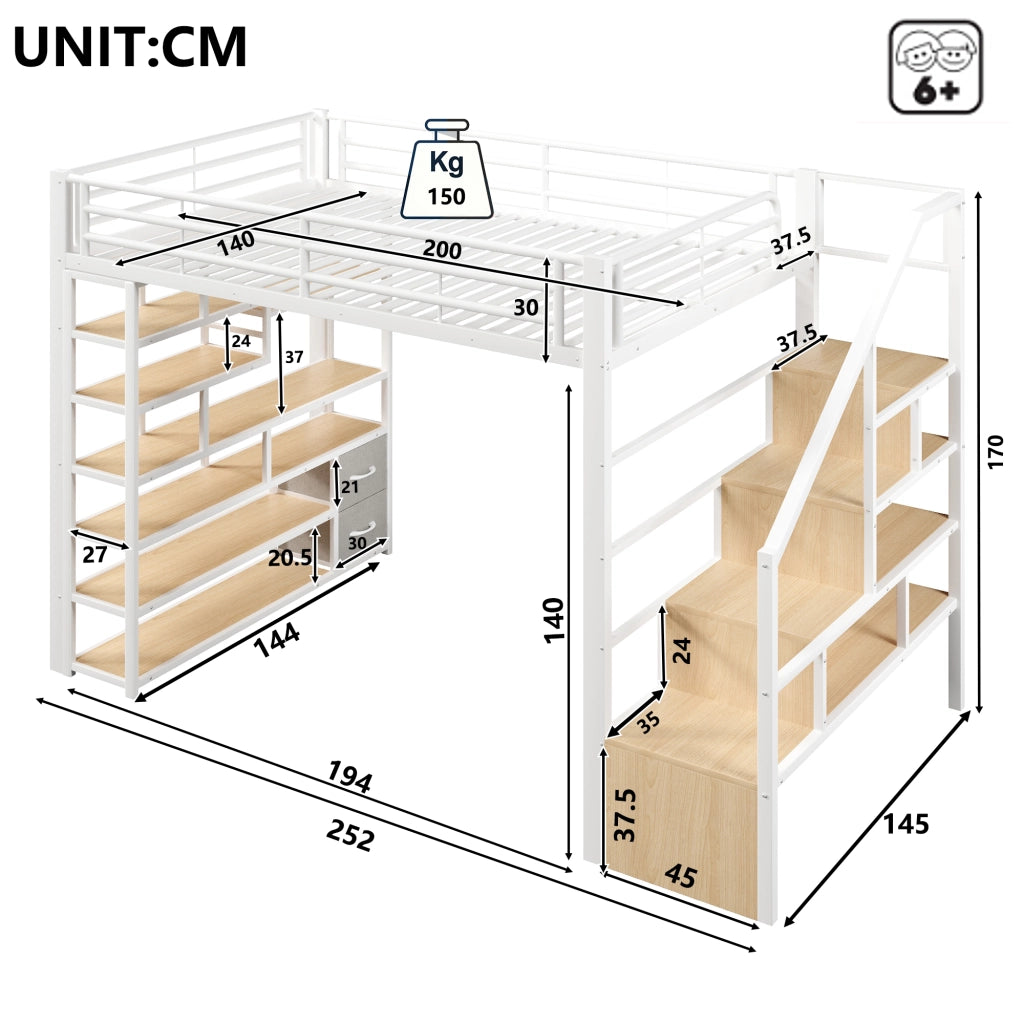 Letto a soppalco in metallo 140x200 cm con vani portaoggetti; scala integrata; LED; 2 cassetti in tessuto; bianco