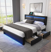 Letto imbottito 140x200 cm in PU nero con USB; LED e 4 cassetti