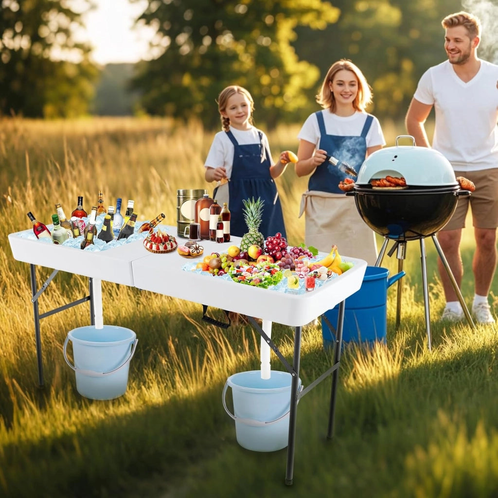 Tavolo refrigerante pieghevole per ghiaccio con doppio lavello profondo e foro di drenaggio, refrigerante per bevande con gonna da tavolo rimovibile, tavolo da giardino portatile per feste