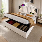 Letto matrimoniale contenitore 180x200 cm in cotone beige con testiera regolabile; luce lettura e porte USB