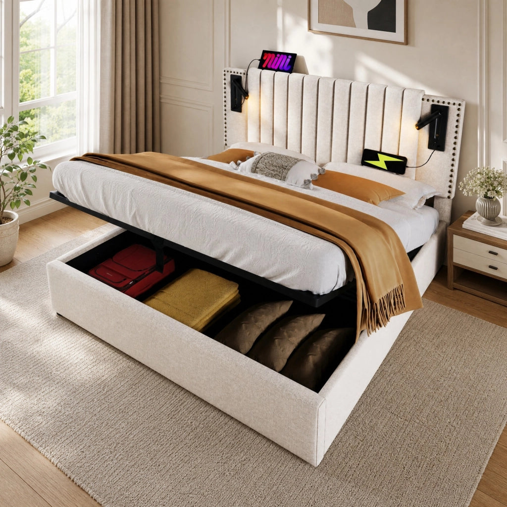 Letto matrimoniale contenitore 180x200 cm in cotone beige con testiera regolabile; luce lettura e porte USB