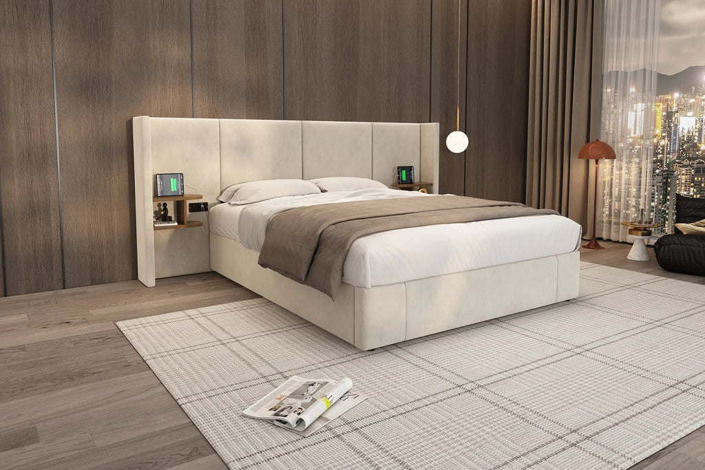 DESMIU Letto contenitore 160 × 200 cm 2 posti con 2 comodini, USB-A e USB-C, senza materasso, velluto beige