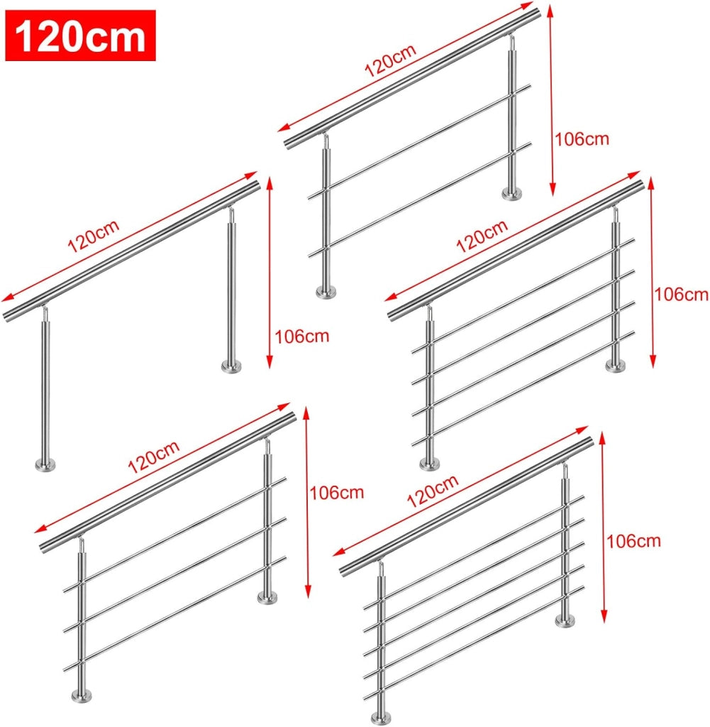 Corrimano per scale in acciaio inox, per esterni, 120 cm, parapetto con 2 montanti, per interni ed esterni, 3 barre trasversali
