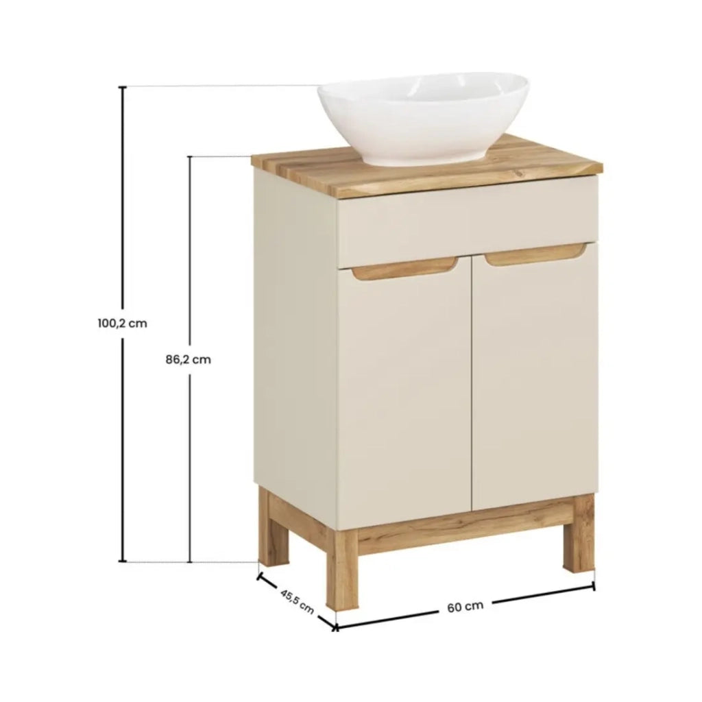 Insieme ERMANO cachemire 60cm: mobile sottolavabo + piano per lavabo bisellato + lavabo da appoggio bianco