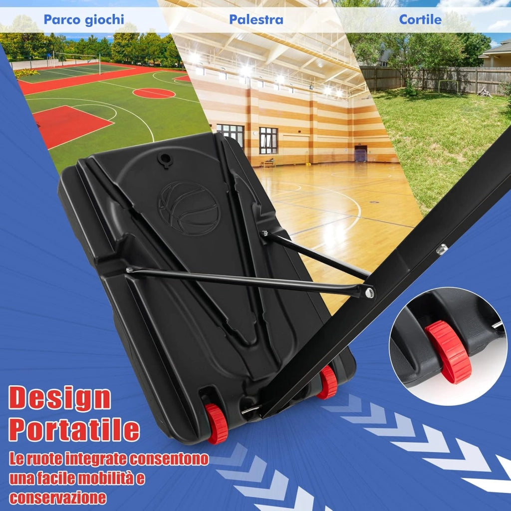 Canestro da Basket da Esterno ed Interno, Canestro da Basket Regolabile a 10 Livelli e Portatile, con Tabellone da 82cm, 2 Ruote e Borsa, per Tutte le Condizioni Atmosferiche
