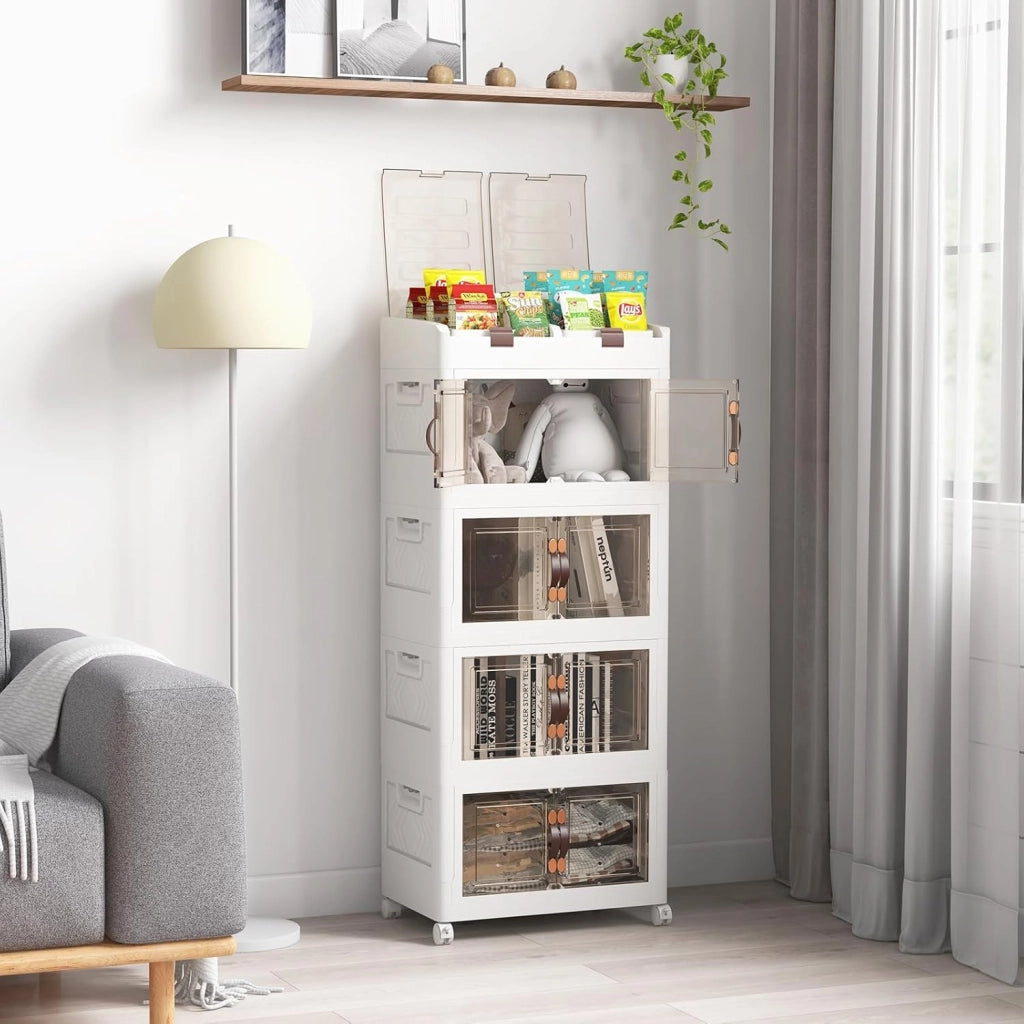 Scatola portaoggetti con coperchio, 210 l, pieghevole, con ruote e porte, 4 pezzi, impilabili, impilabili, in plastica, 54,5 x 34,5 x 132 cm