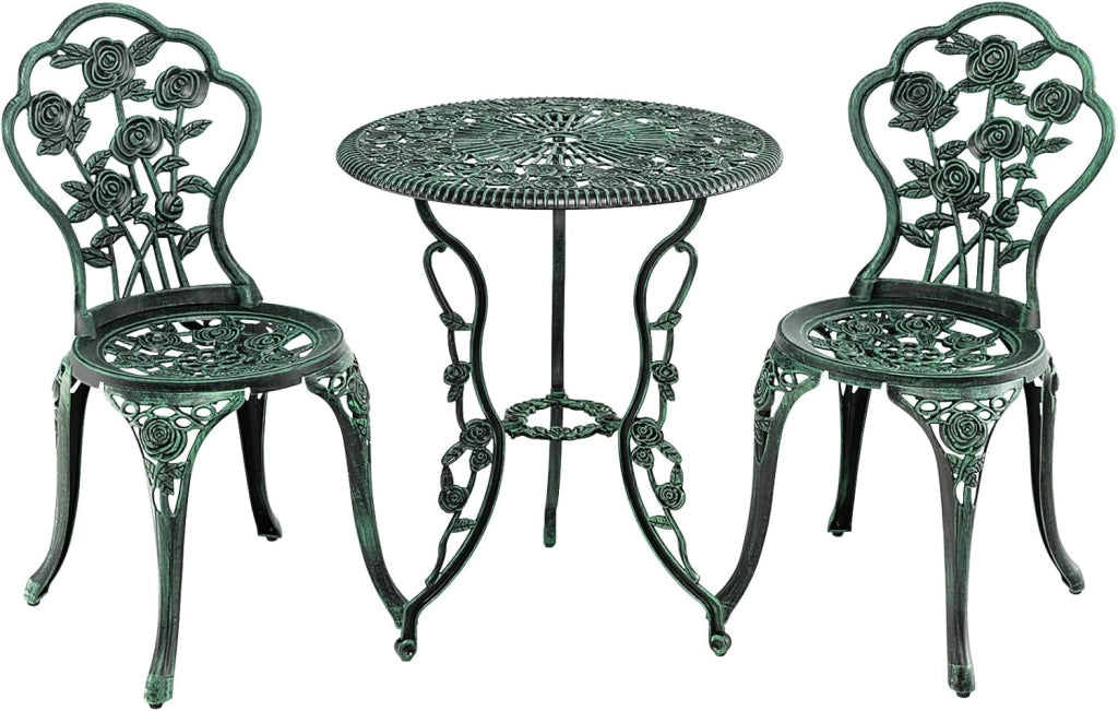 Set di 3 Mobili da Giardino, Tavolo da Giardino con 2 Sedie, Set da Bistrò in Alluminio Resistente alle Intemperie, con Motivo a Rose, per Balcone, Cortile, Terrazza, Verde Bronzo