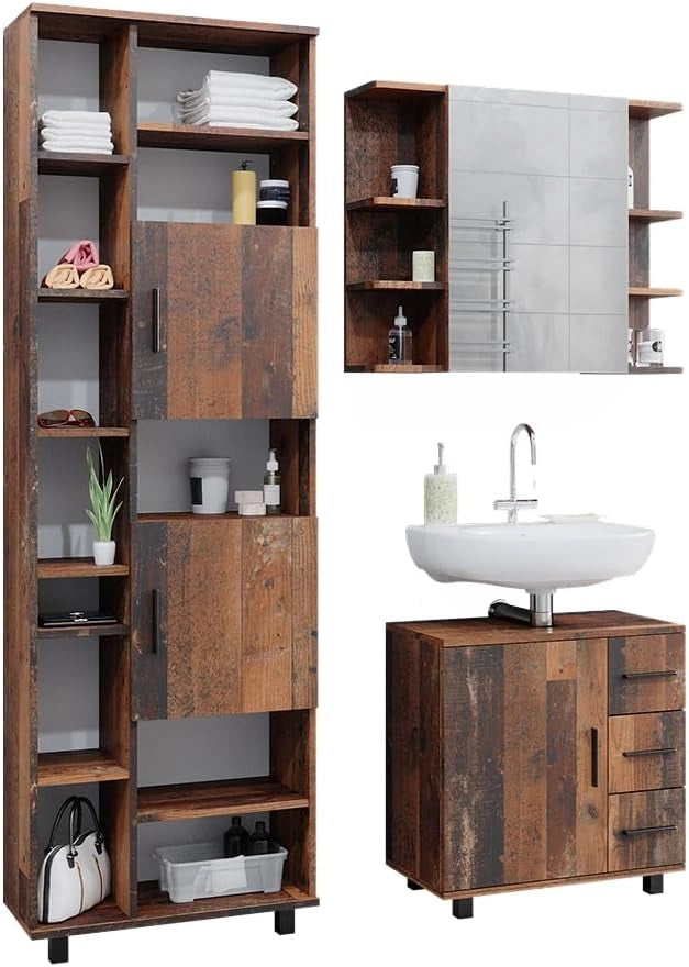 Set di mobili da bagno Ilias, Rovere rustico, 60 cm, composto da mobile sottolavabo, specchiera e colonna alta