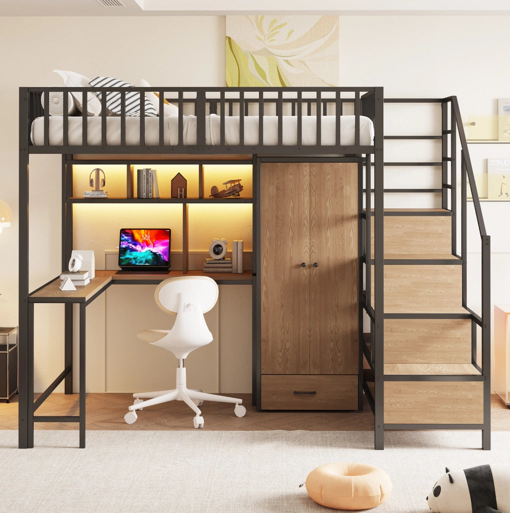 Letto a soppalco in metallo 140x200 cm con scrivania; armadio; LED e prese; nero