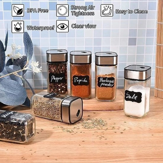 Set di contenitori per erbe, Contenitori per erbe quadrati 120ml, Set di 24 contenitori per erbe, Organizzatore per erbe, Contenitori in vetro per erbe con coperchio, Conservazione delle spezie per la cucina, Tratt, Spazzola.