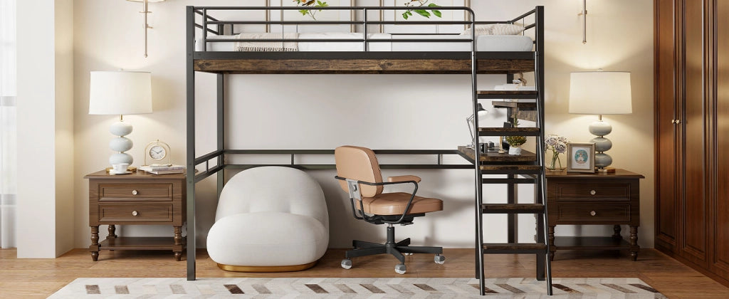 DESMIU Letto a soppalco singolo con scrivania, scaffali e scala 90 × 200 cm, senza materasso, in metallo, nero