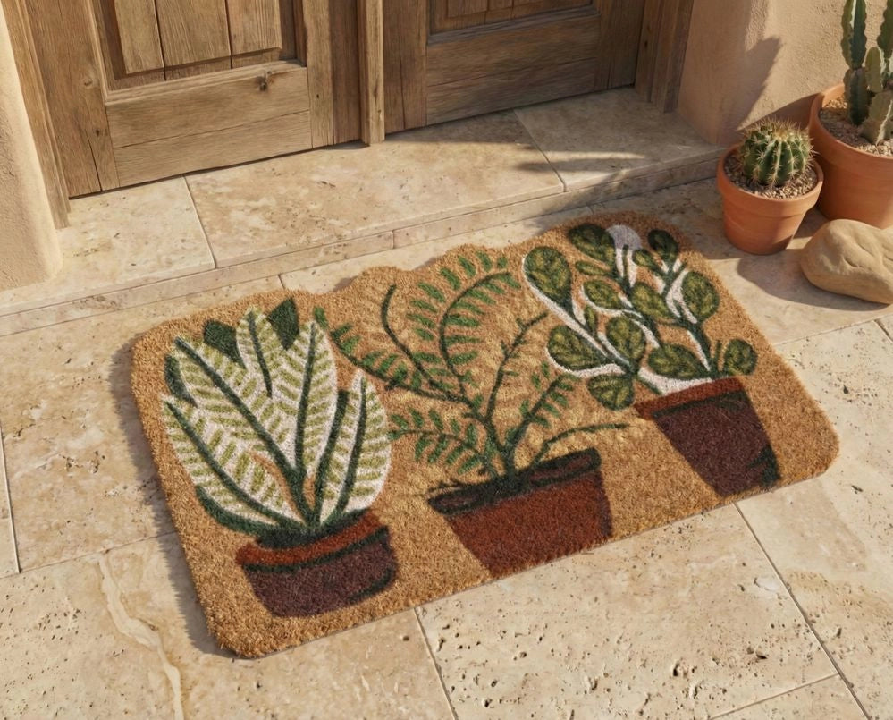 Zerbino in fibra di cocco naturale con supporto in PVC antiscivolo 40 x 60 cm Motivo vasi per piante Decorazione moderna per interni