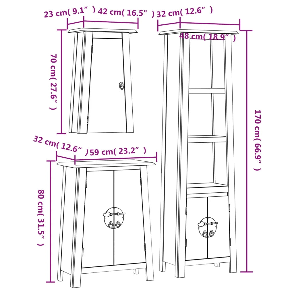 Set Mobili da Bagno 3 pz in Legno Massello di Pino