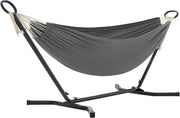 SONGMICS Amaca con Supporto, Amaca di 210 x 150 cm, 5 Altezze Regolabili, Portatile con Sostegno in Metallo, Max. Portata di 240 kg, per Giardino Terrazzo, Supporto Nero e Amaca Grigia GHS001G01