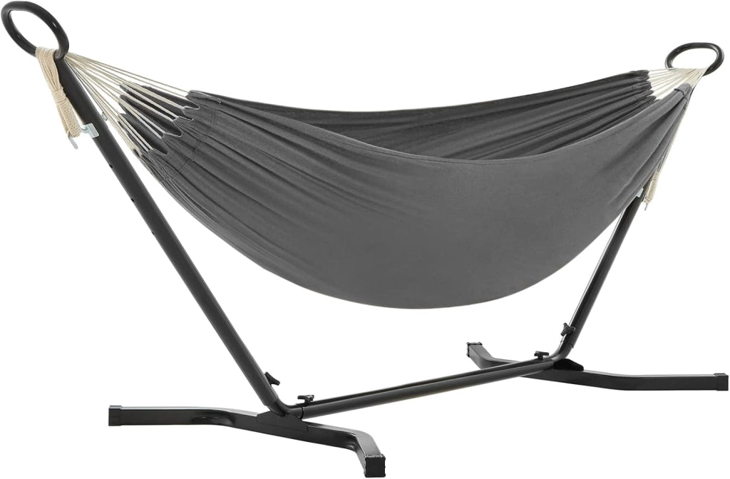 SONGMICS Amaca con Supporto, Amaca di 210 x 150 cm, 5 Altezze Regolabili, Portatile con Sostegno in Metallo, Max. Portata di 240 kg, per Giardino Terrazzo, Supporto Nero e Amaca Grigia GHS001G01