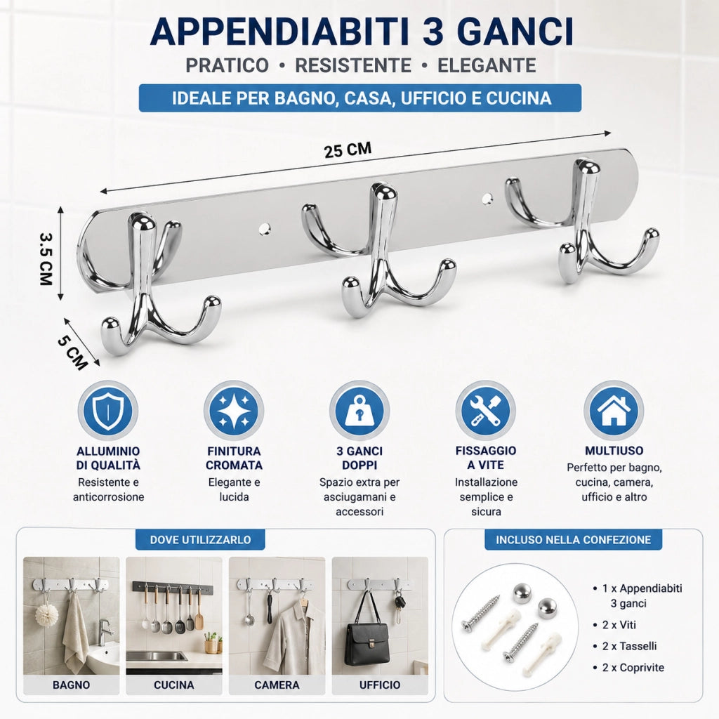 APPENDIABITI 3 GANCI BAGNO MURO GANCIO ASCIUGAMANI CASA CROMATO DA PARETE 03455